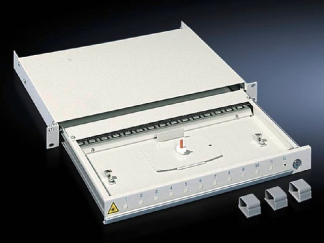 Patch panels for fibre-optic splicing box, depth-variable, and fibre-optic breakout box, 1 U