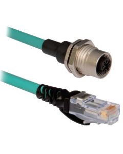 1585 Ethernet Cables, 4 Conductors, M12, Female Front Mount Receptacle, Standard, RJ45, Straight Male, Teal PUR, Shielded, 100BASE-TX, 100 Mbit/s, High Flex, PUR, Halogen Free, 10 million cycles