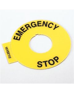 Legend Plate, 60mm Round, Universal: EMERGENCY STOP, Yellow with Black Legend Text, 22.5mm Opening, 1 Per Package