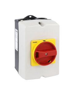 IEC/EN type IP65 non-metallic enclosure switch disconnector, three-pole. With rotating red/yellow handle, 25A