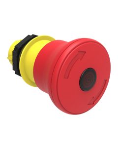 Illuminated mushroom head button actuator Ø22mm Platinum series chromed plastic, latch, turn to release, Ø40mm. For emergency stopping. ISO 13850. Red
